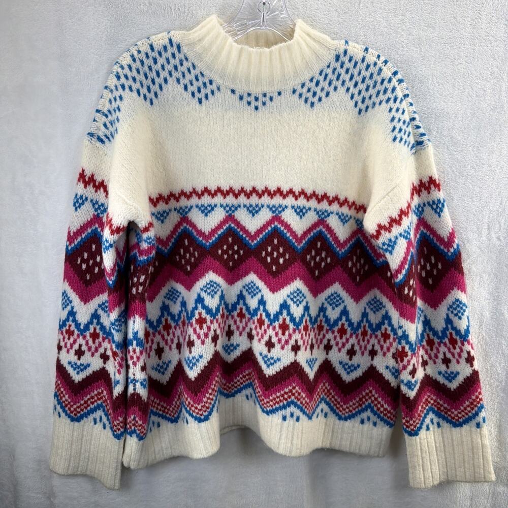 LOFT Whisper White Fair Isle Wide Sleeve Mock Neck Sweater Medium Pink Blue Wool